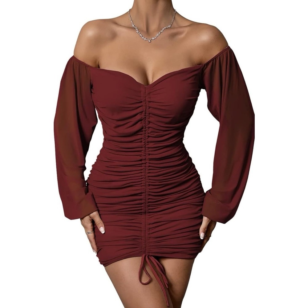 NEW Yissang Long‎ Sleeve Off the Shoulder Deep V Ruched Bodycon Mini Dress, S